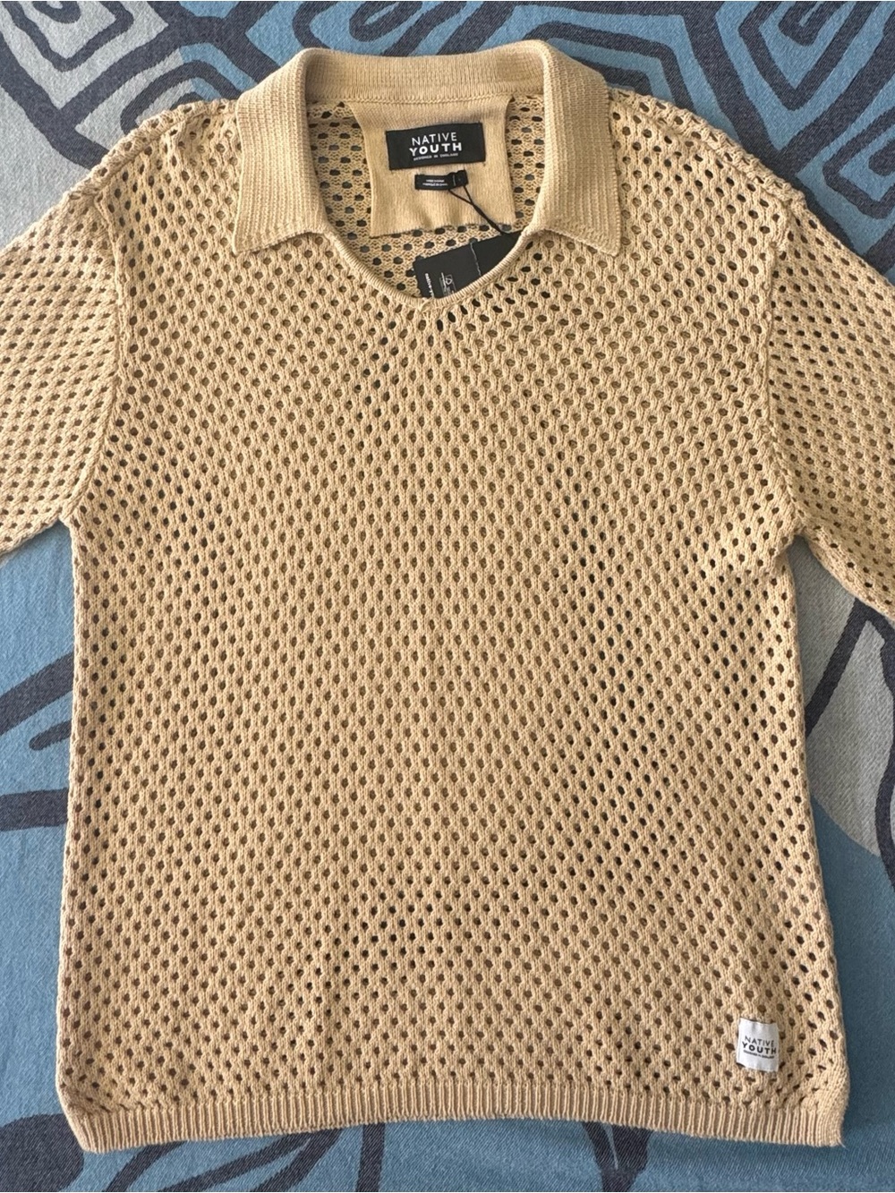 NATIVE YOUTH Open-Knit Polo in Beige Tan